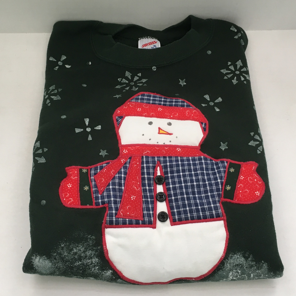 vintage handmade snowman applique sweatshrit green